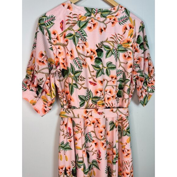 LOFT Midi Shirt Dress 10 Peach Pink Tropical Floral Button-Through Belted - Picture 7 of 10